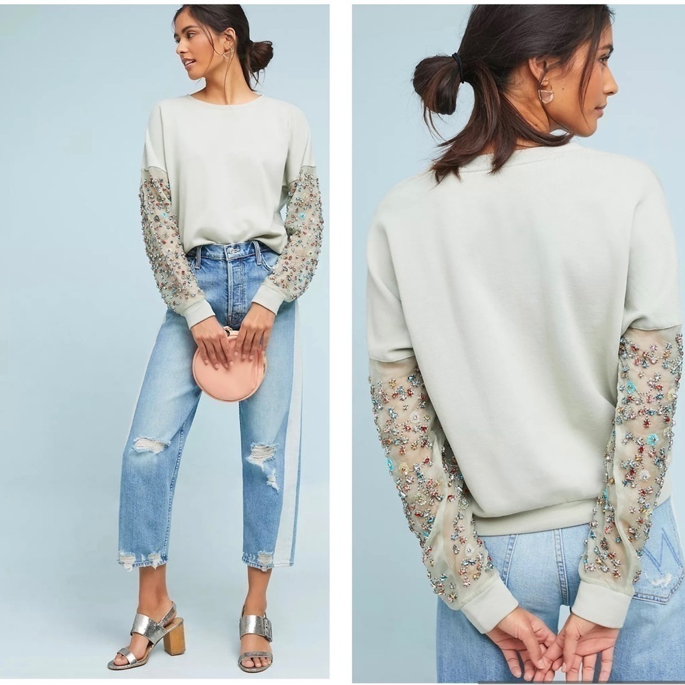 Anthropologie Let Me Be Beaded Sleeve Pullover Top in Sage SzM